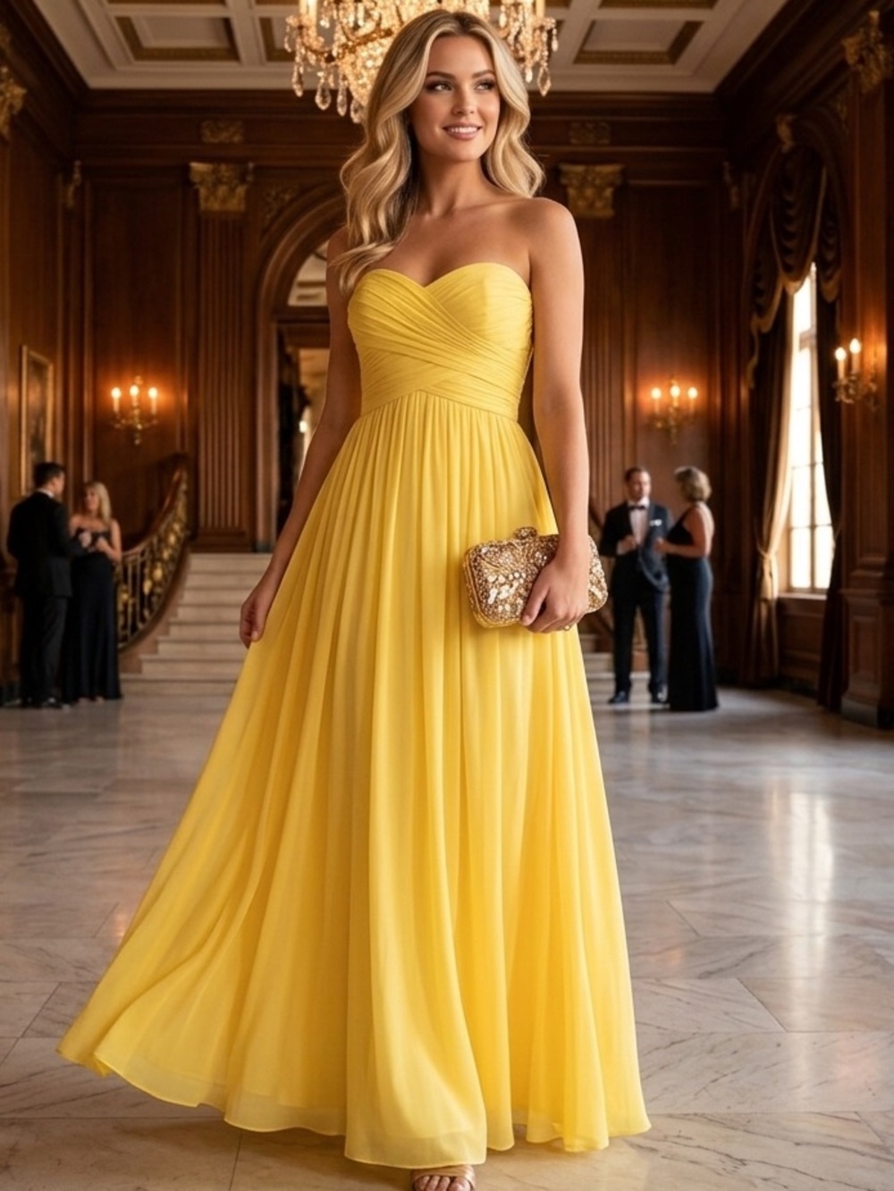 Aidan Mattox Strapless Yellow Chiffon Evening Gown